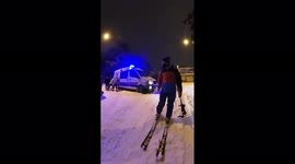 Turkish man takes advantage of rare snow to ski through Istanbul