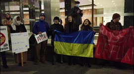 Ukrainian singing a national anthem outside Millbank Tower, London, UK