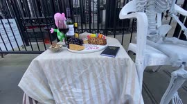Skeleton and wine table outside Downing Street as Boris Johnson faces partygate report