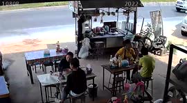 Pick-up truck smashes into restaurant while people eat their lunch in Thailand