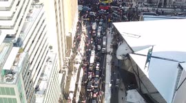 Drone footage of Toronto trucker protest as demonstrators clog downtown streets