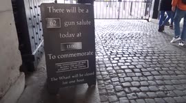 Tower Bridge sign announces Wharf closure during 62 gun salute to commemorate HM The Queens accession to the throne