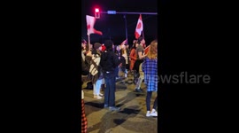 Night at Freedom Convoy at the Canadian-American border crossing in Surrey, BC, Canada
