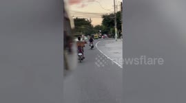 Pet dog stands on moving motorcycle to ride pillion in the Philippines