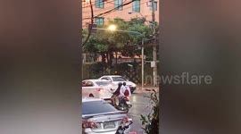 Kind passer-by helps stray dog to cross busy road