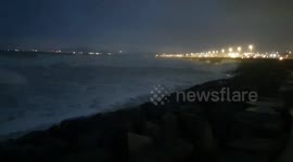 Storm Eunice brings big waves to the shores near Neath, UK