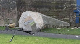 Locals view toppled steeple after Storm Eunice knocks spire from church in Wells, Somerset