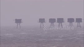 Maunsell Sea Forts battered by Storm Eunice in Thames Estuary off Kent, UK
