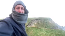 Storm chaser in UK battles through Storm Eunice winds in Cornwall