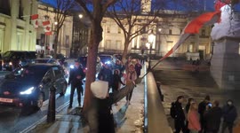 UK supporters of Canada protest outside the UK Canadian Embassy after Canadian was trampled with horses by Canadian Police