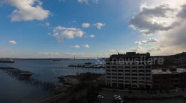 Snow Squall Passes Over New York Harbor, Obscuring the Verrazzano-Narrows Bridge