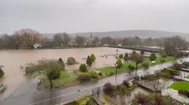 River Wharfe in Otley, UK, bursts its banks as Storm Franklin approaches