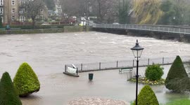 Wharfe River overflows its banks in Otley, West Yorkshire, UK