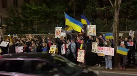 Protesters chant “Stop Putin, stop the war” outside the Russian Embassy in London.