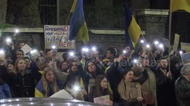 Ukraine supporters rally outside Russian embassy in London, compare Putin to Hitler and chant