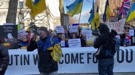 Demonstrators chant “Putin is a killer” during a pro-Ukraine protest outside Downing Street, London
