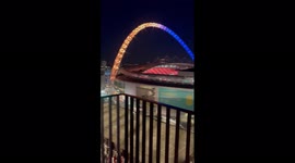 London's Wembley Stadium lights up in blue and yellow in solidarity with Ukraine