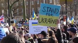 Ukrainians and supporters protest against Russia's invasion of Ukraine outside Downing Street in London