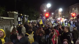 Ukraine supporters rally outside Russian embassy in London late Saturday evening under a visible police presence