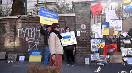 Ukrainians protest outside the Russian embassy in London against the invasion of Ukraine by Russia
