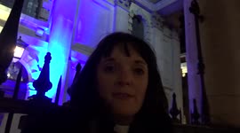'Lets pray for Ukraine, for peace'- says Revd Sally Hitchiner of St Martin-in-the-Fields as tributes are paid outside the church illuminated in blue and yellow