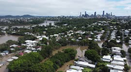 Brisbane 2022 floods drone footage of Fairfield and city view plus river