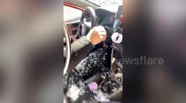 Taxi filled with feathers after woman's jacket bursts open in China