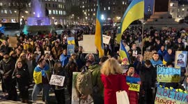London protesters play Ukrainian anthem during a demonstration in Trafalgar Square