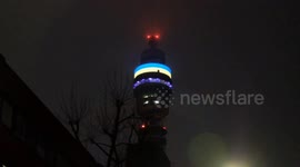 The BT Tower in London shines in colours of the Ukrainian flag to show solidarity with its people