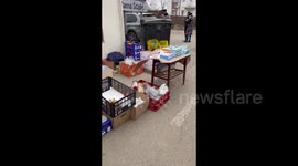Stools set up to provide Ukrainian refugees with humanitarian aid in Romania