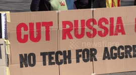 Ukrainians protest in front of the Mobile World Congress in Barcelona, Spain