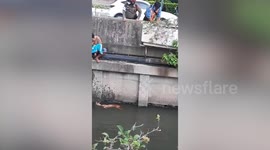 Kind motorcycle rider stops to save stray dog drowning in canal