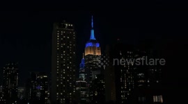 Empire State Building illuminated in colors of Ukrainian flag