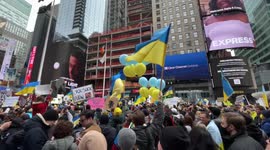 New York: Anti-Putin demonstrators gather in Times Square, chanting “Close the sky” and “Putin is a war criminal”
