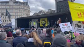 CND founder Bruce Kent addresses anti war protesters at Trafalgar Square, London,England, UK
