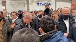 United States Secretary of State Anthony Blinken visits a temporary refugee shelter for people fleeing the Russia-Ukraine war in Korczowa, Poland