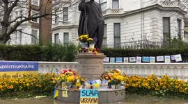 Sunflowers planted around the statue of Saint Volodymyr, ruler of Ukraine, in Holland Park, London