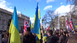 Stand with Ukraine chant by protesters on Whitehall in London
