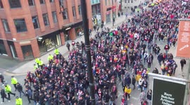 Top shot of Atletico Madrid fans marching to Old Trafford before Wednesday’s Champions League clash with Man Utd