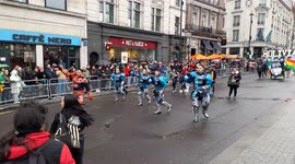 St Patrick's day celebrations in trafalger London England dancing
