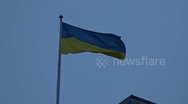 Ukrainian flag flies over the Department for Education in Westminster as the war rages on in Ukraine - London