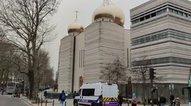 Ukraine war: Close Police surveillance of the Russian Orthodox Cathedral Notre-Dame de la Sainte Trinité to avoid a new anti-Russia vandalism. Paris, France. 16 march 2022