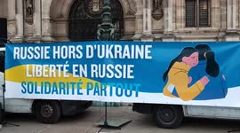 Ukrainians sing Ukraine anthem at the City Hall of Paris. Ukraine/Russia war. Gathering to support Ukraine. City hall of Paris. 17 march 2022.18h