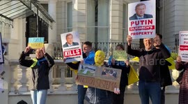 Protesters gather outside the London property of Russian oligarch whose company makes weapons used in the war in Ukraine