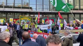 RMT Union protesters chant “Seize Their Ships” outside P&O parent company DP World HQ