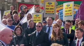 Deputy Leader of the Labour Party Angela Rayner outside the Parliament with the P&O Ferries staff protesters