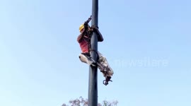 Daring man climbs greasy 60ft pole with ropes, keeping tradition alive in central India