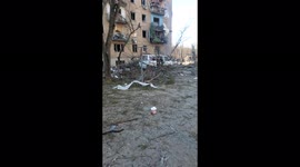 Destruction After Russian air strike hits Residencial Building in Kyiv, Ukraine.
