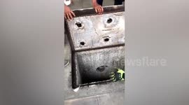 Kind motorcycle rider rescues kitten drowning in sewer
