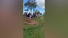 Three teenager falls backwards off swing in amusing fail